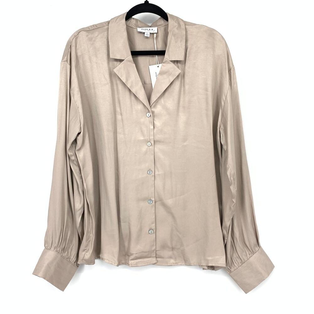 Gilli The Long Sleeve Satiny Blouse Womens Sz Large Button Front Warm Taupe NEW
